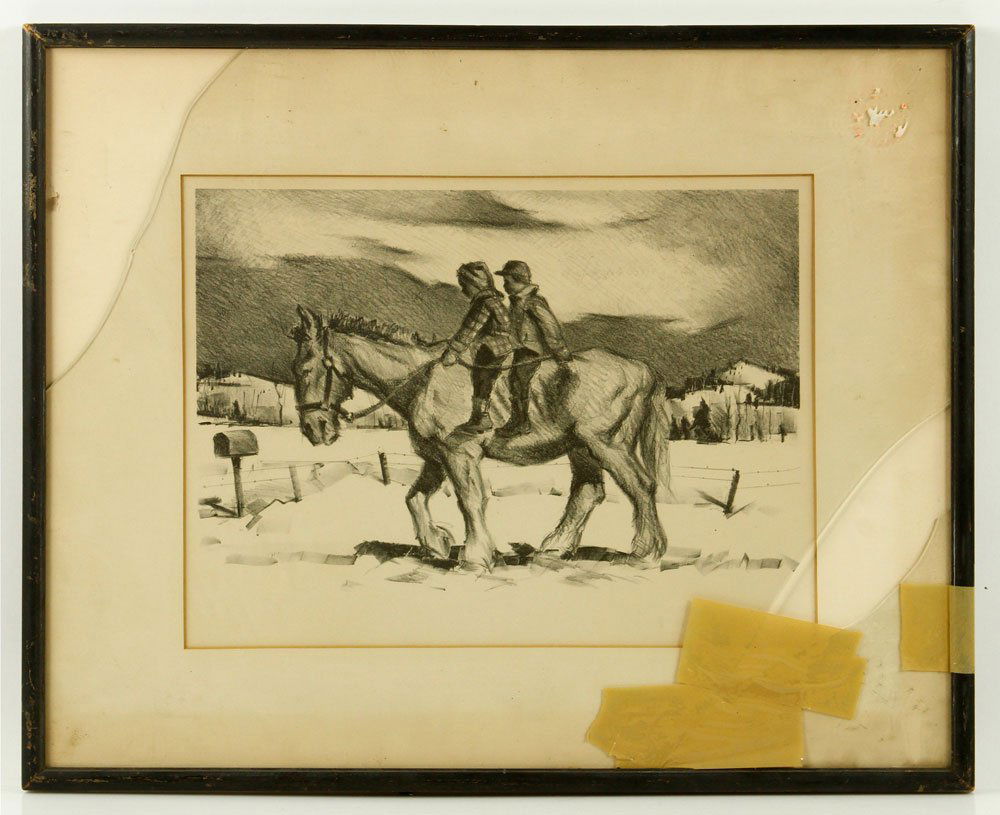 Sample, Children on Horseback, Print: Paul Sample (American, 1896-1974), children on horseback in winter, print, signed in pencil; 10 1/4" h x 13 1/2" w (view), 17" h x 20 3/4" w (frame); broken glass. Provenance: From a New York estate.