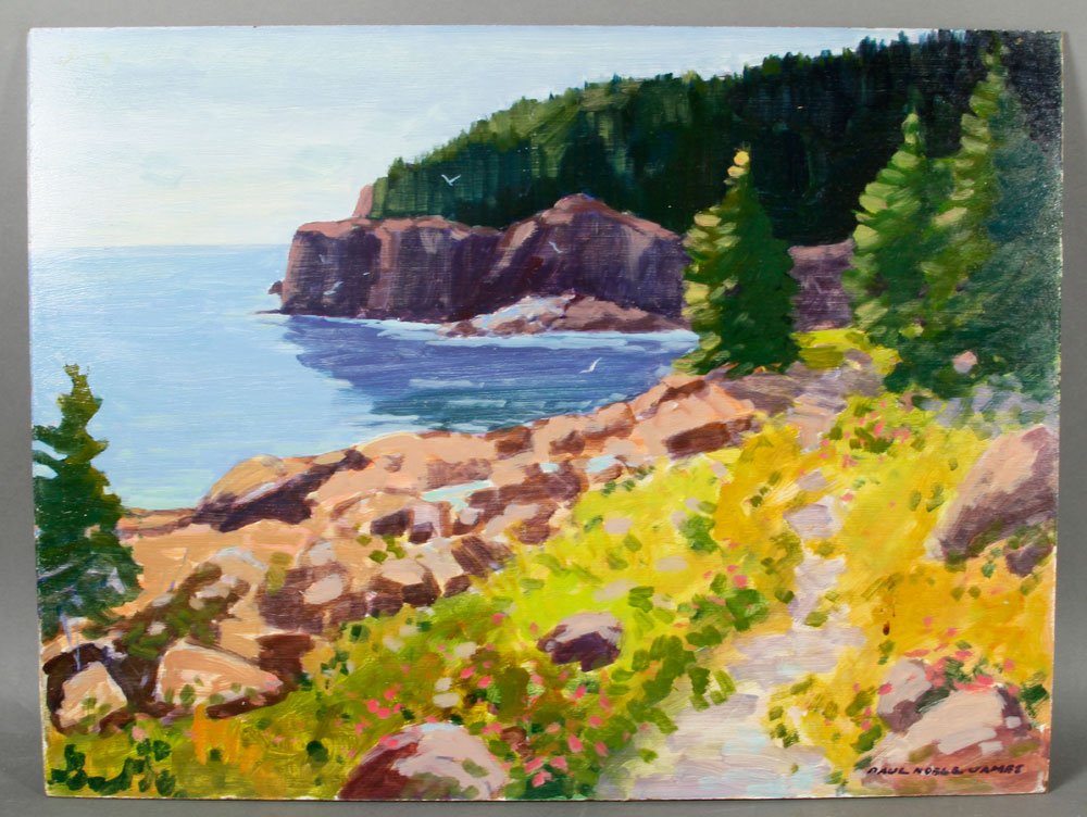 James, "Otter Cliffs," Oil on Masonite: Paul Noble James (American, 20th century), "Otter Cliffs," oil on masonite, 18" h x 24" w.