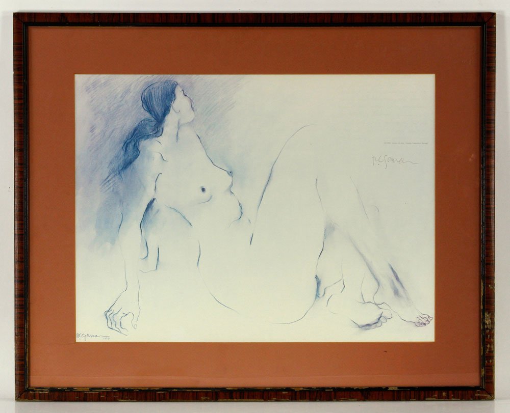 Gorman, Nude Reclining, Print: R. C. Gorman (1932-2005), nude reclining, offset lithograph print, signed in pencil upper right; 14 1/2" h x 19" w (view), 21" h x 26" w (frame). Provenance: From a Florida estate.