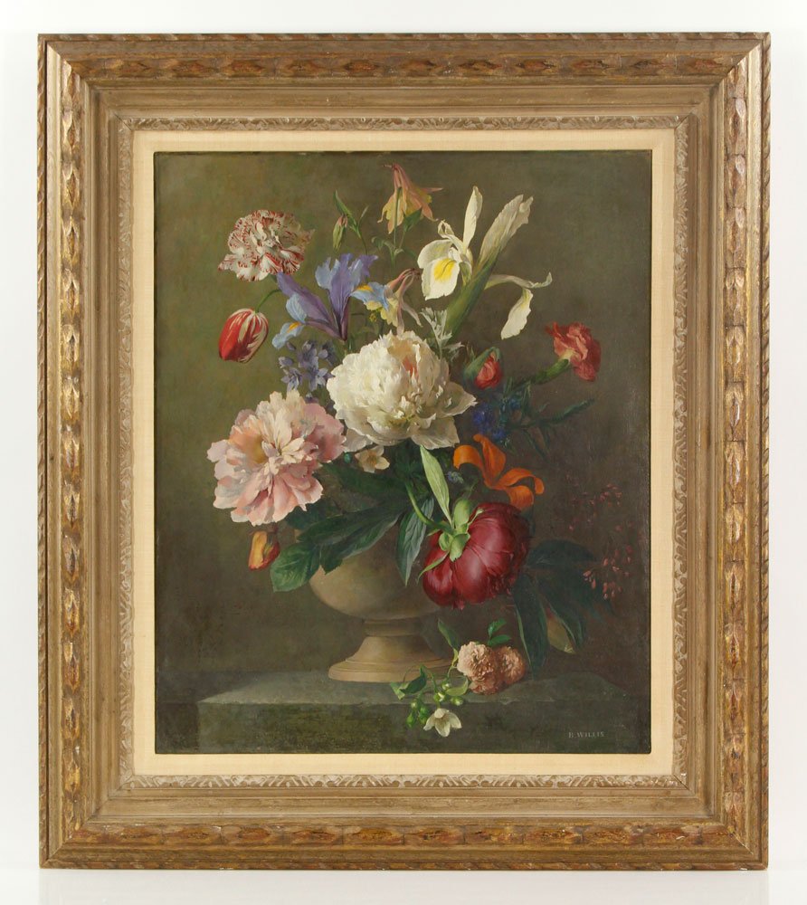Willis, Floral Still Life, Oil on Masonite: B. Willis, floral still life, oil on masonite, signed lower right; 24" h x 21" w (view), 32 1/4" h x 28 1/4" w (frame). Provenance: From a New Hampshire estate.