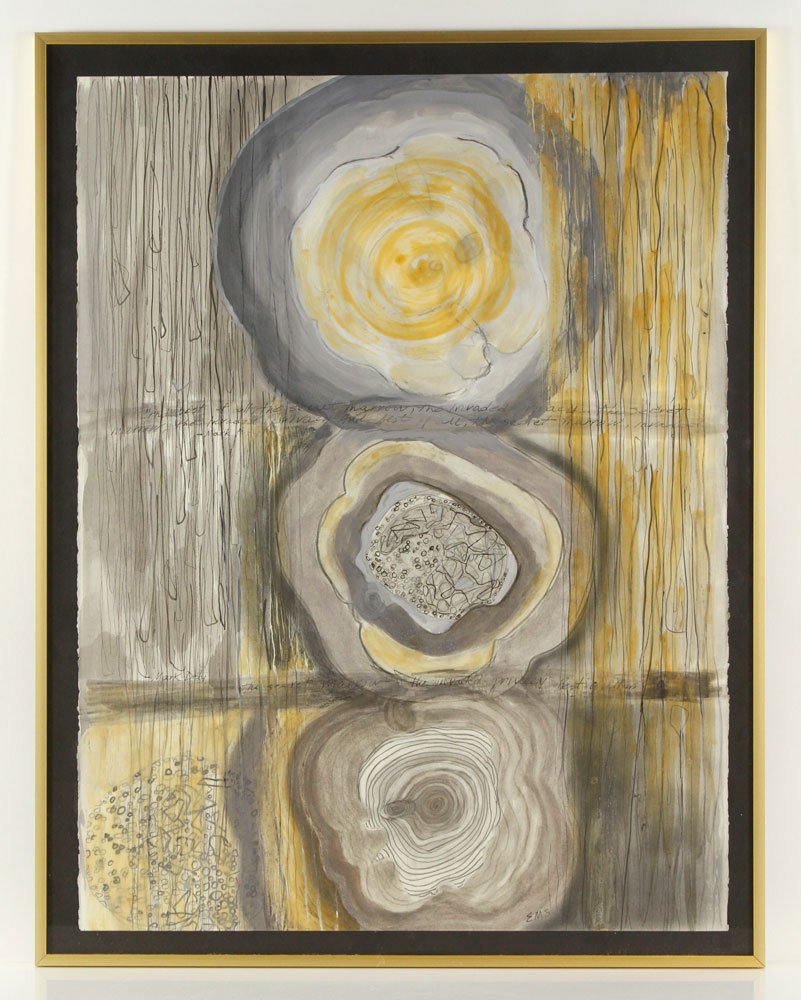 Starrett, Abstract, Watercolor: E. M. Starrett (20th century), mid-century abstract, watercolor, with poetry by Mark Doty; 29 1/4" h x 22 3/4" w (view), 32 1/2" h x 25" w (frame). Provenance: From a Massachusetts estate.