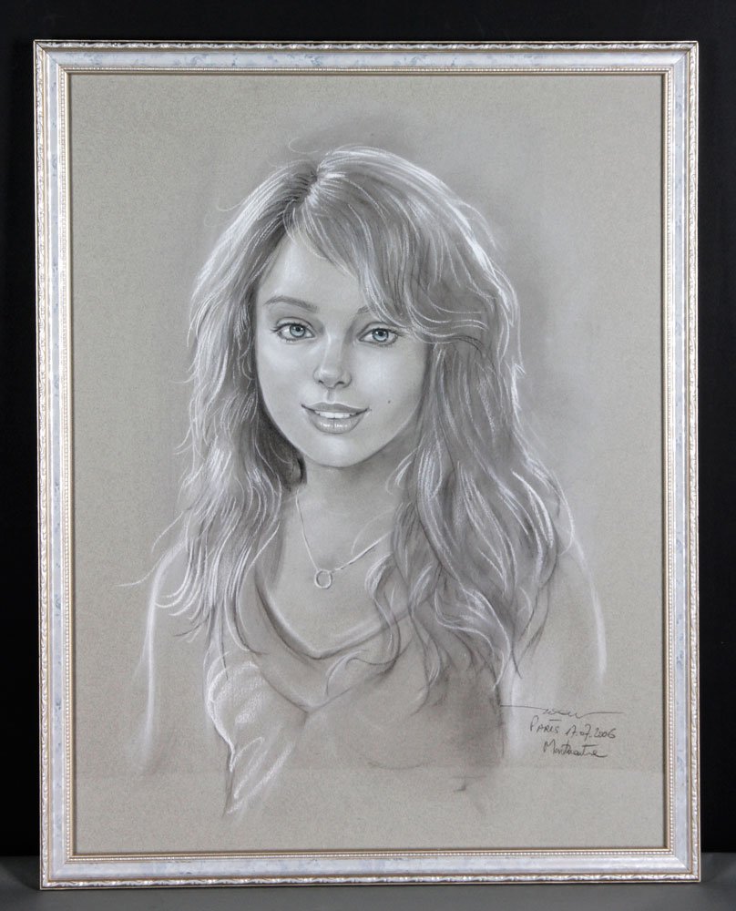 Portrait of Tiffany Trump: Portrait of Tiffany Trump, indistinctly signed, noted Montmartre, Paris and dated 2006 lower right, framed under glass, 27 1/4" h x 21 1/2" w (frame). Provenance: Property of Marla Maples.