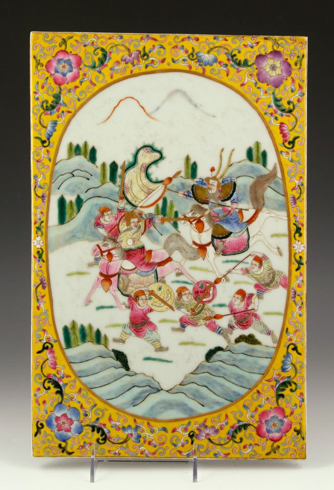 Early 20th C. Chinese Famille Rose: Early 20th century Chinese famille-rose plaque, porcelain, depicting a war story, 16 1/4" h x 10" w.