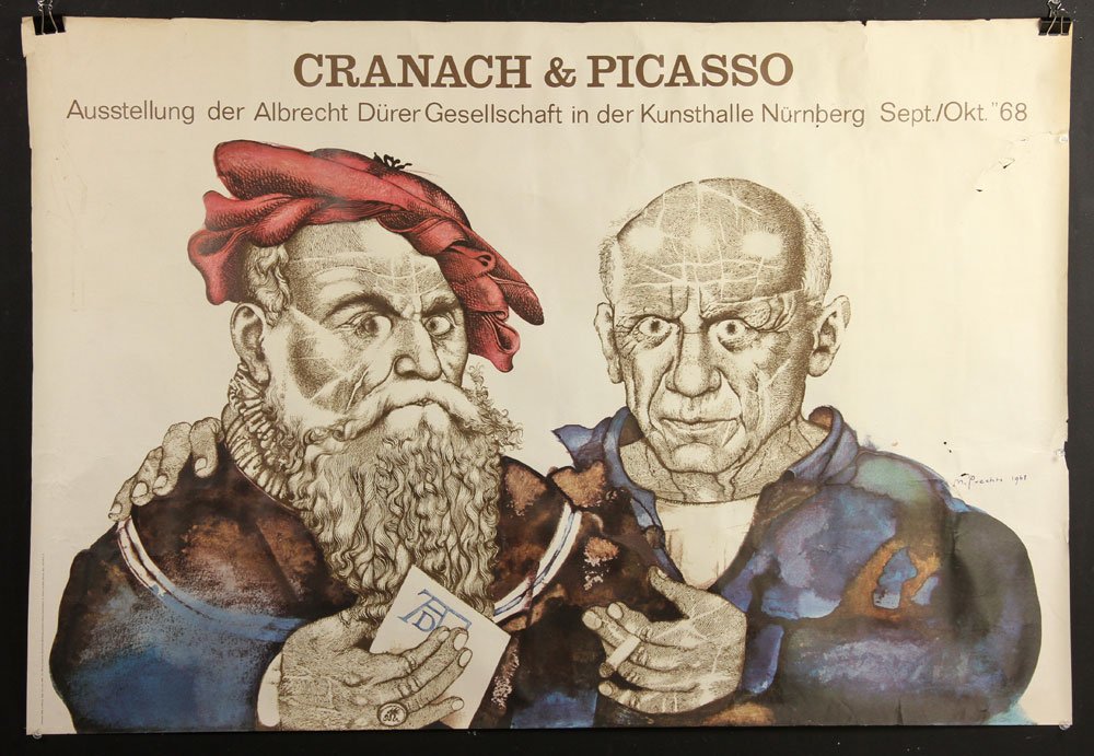 Vintage Cranach and Picasso Poster: Vintage Picasso and Cranach poster, from the Albrecht Durer Society in Nurnberg, Germany 1968, 32" h x 45" w.