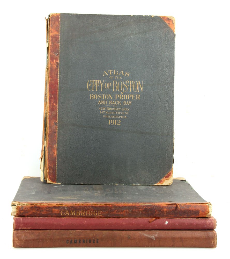 Lot of 4 G. W. Bromley & Co. Atlases: Lot of four atlases by G. W. Bromley and Company, each measuring 22 3/4" h x 17 1/2" w, to include: City of Newton; City of Boston Proper and Back Bay; City of Cambridge, 1903; and City of Cambridge 1