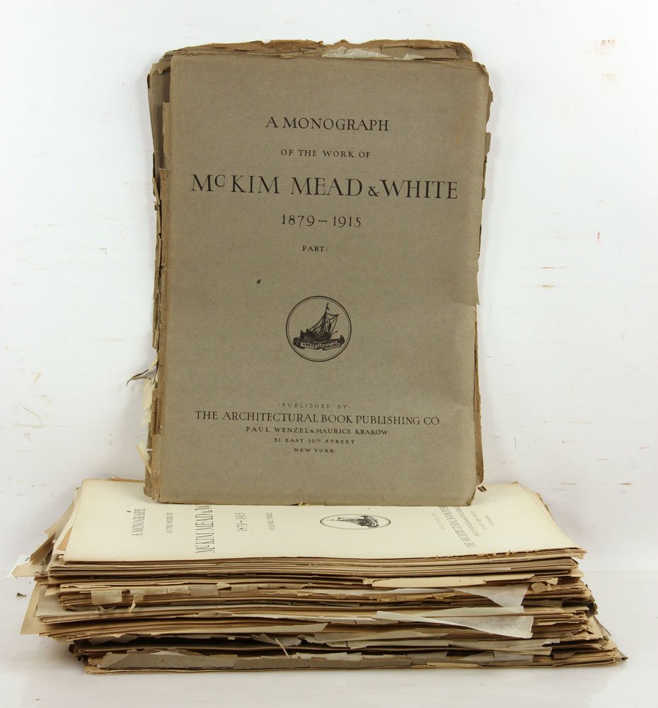 "A Monograph of the Work of McKim, Mead and White,: Various volumes and parts of "A Monograph of the Work of McKim, Mead and White, 1879-1915," 20 1/2" h x 14 1/2" w. Provenance: From a Massachusetts collection.