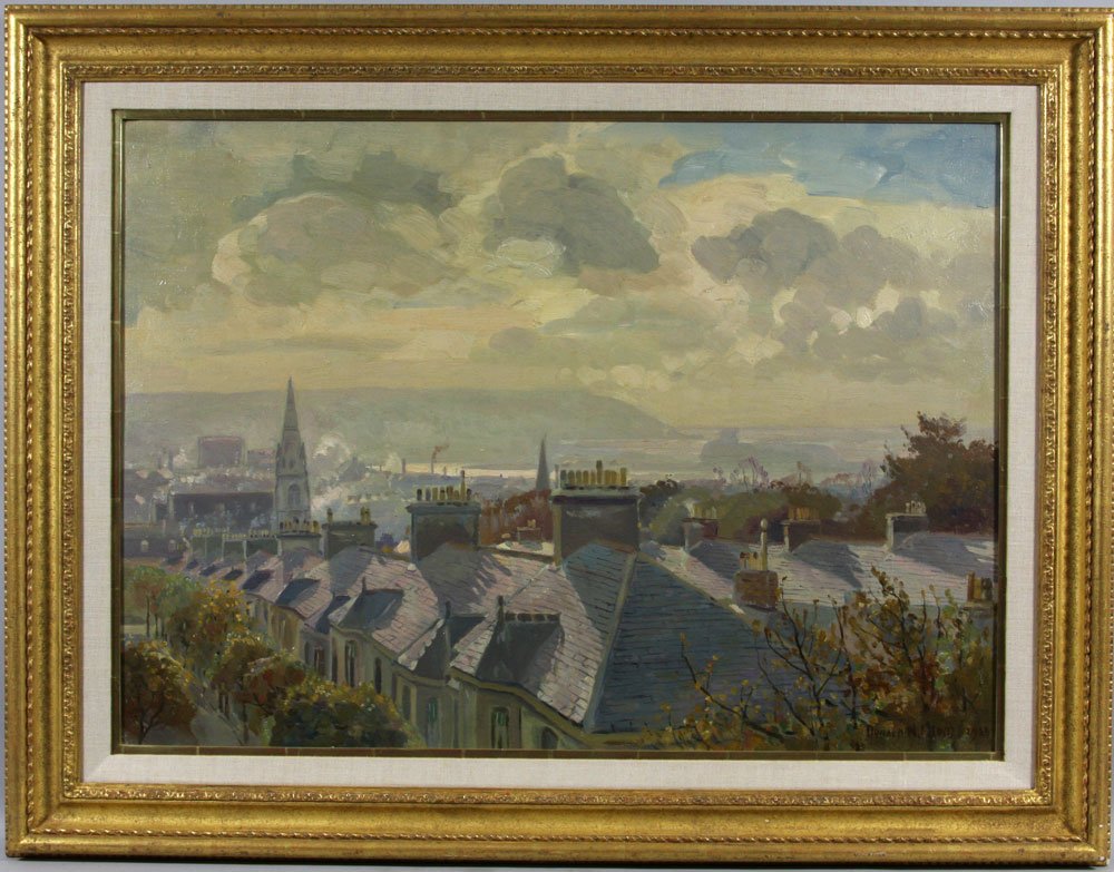 Floyd, Plymouth Roofs, Oil on Canvas: Donald Floyd (English, 1892-1965), Plymouth Roofs, oil on canvas, circa 1928, signed, 22 3/4" h x 31 3/4" w (view), 30 1/2" h x 39 3/4" w (frame). Provenance: Robert O. Peterson Estate, San Diego, CA.