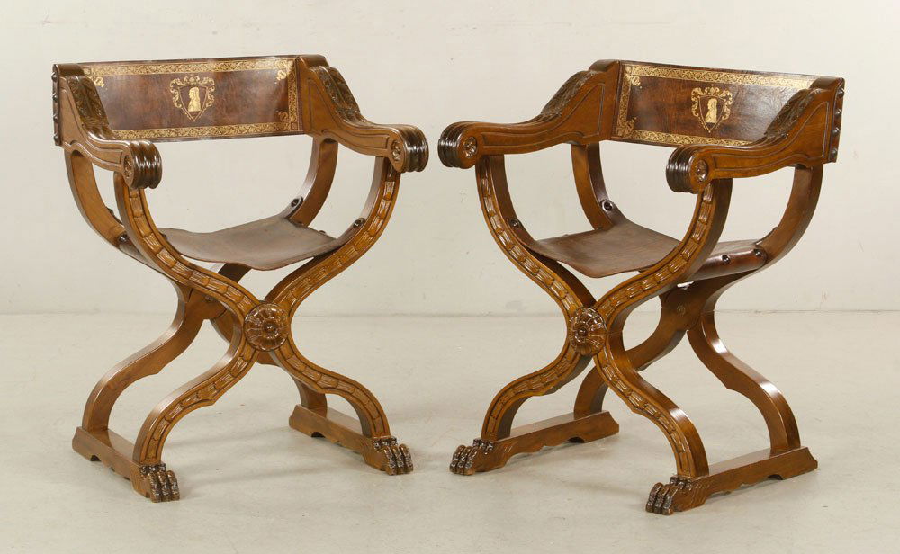 Pr. Spanish Carved Walnut Savonarola Armchairs (1 of 4)