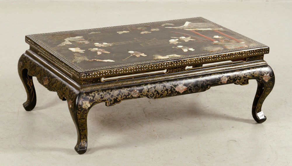 Chinese Lacquered Table: Chinese lacquered table, with mother of pearl inlay, 13" h x 31" w x 20" d. Provenance: From a Massachusetts estate.
