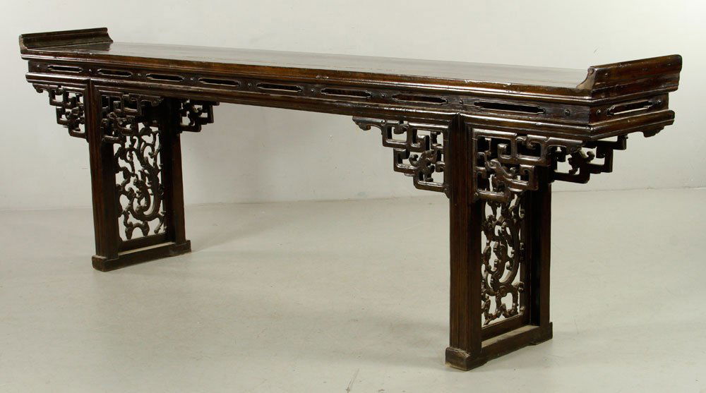 Chinese Chai Wood Altar Table: Chinese Chai wood altar table, 38" h x 116" w x 17" d.