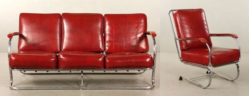 Weber Red Vinyl and Chrome Sofa and Armchair (1 of 6)