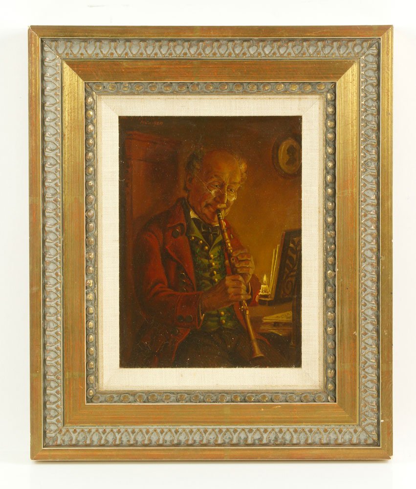 Flute Player, Oil on Canvas: Flute player, oil on canvas, signed "Otto Kirchner," 9" h x 6 1/4" w (view), 15 1/2" h x 12 1/2" w (view). Provenance: from a Florida collection.