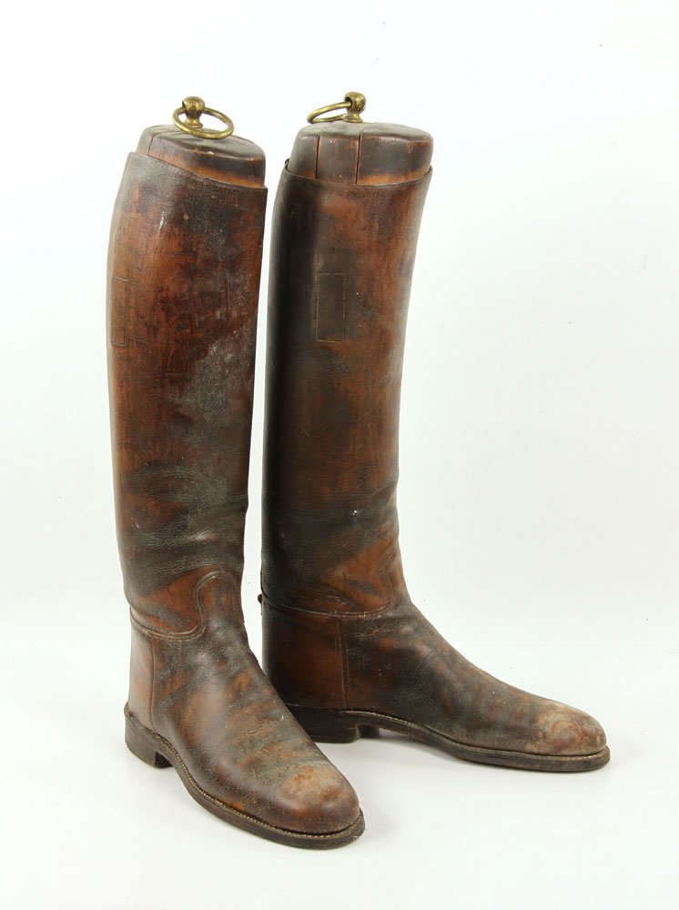 Antique Equestrian Riding Boots: Antique men's field boots, leather, with wooden shaper inserts, 17 1/2" h. Provenance: from the estate of the late Harry Reed Everson, an avid collector, from Marblehead, MA.