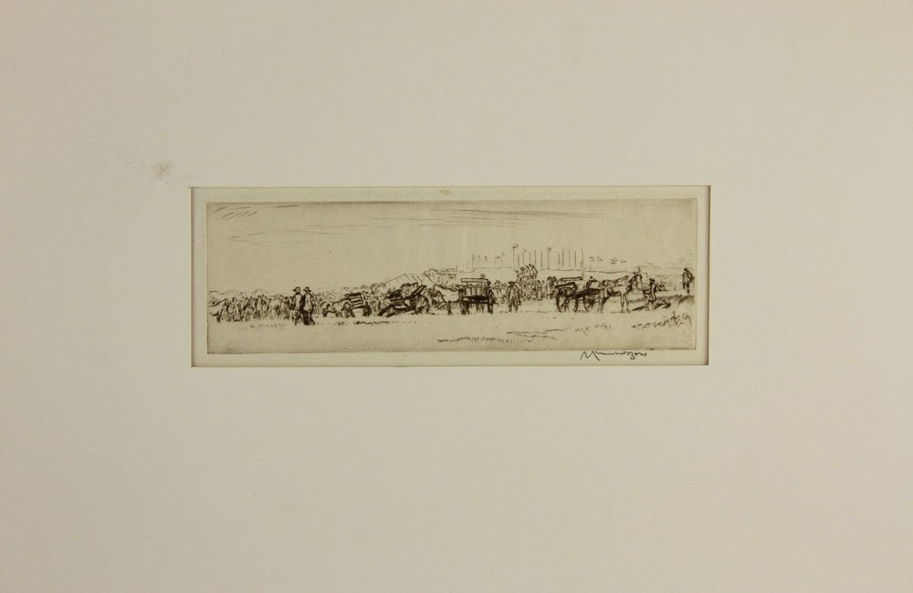 Bone, "Horse Dealers," Etching: Sir Muirhead Bone (Scottish, 1876-1953), "Horse Dealers," dry print etching, signed lower right, matted and unframed, 3" h x 8 3/8" w (view), 12" h x 18" w (mat). Provenance: from the estate of John R