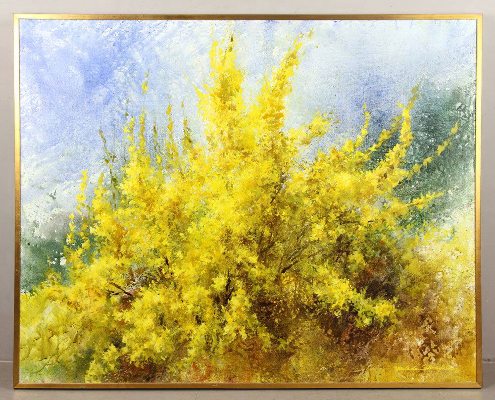 Thompson, "Joy of Spring," Oil on Canvas: Malcolm Thompson (American, b. 1916), "Joy of Spring," oil on canvas, 41" h x 51" w. Provenance: from a Florida estate.