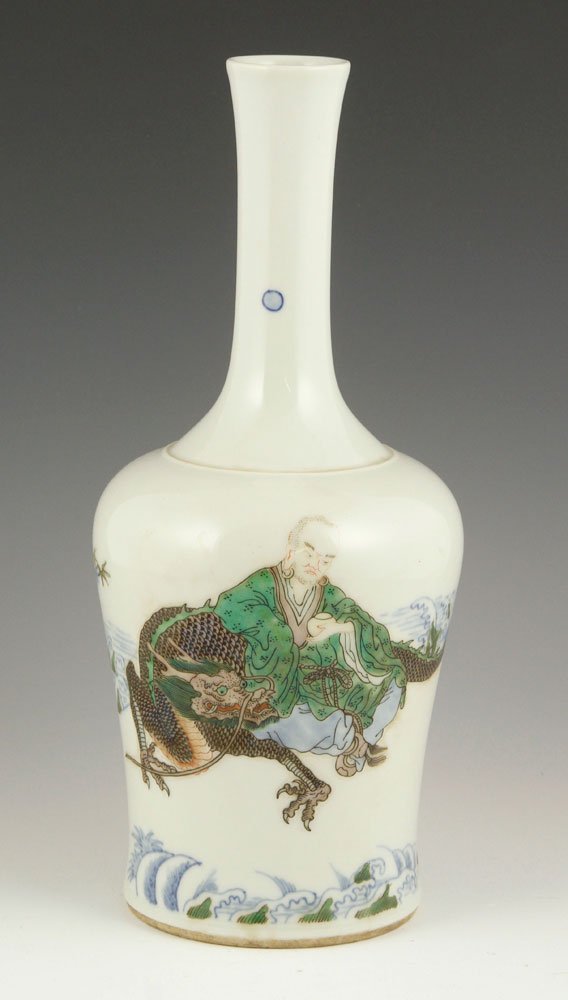 Chinese Famille Verte Yaoling Vase: Chinese famille verte Yaoling vase, with Luohan and dragon pattern, Qing Kangxi mark on base, 11 3/4" h. Provenance: From a Massachusetts collection.