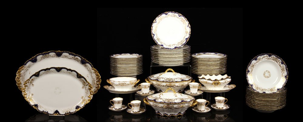 Set of Limoges for Abram French Co. Dinnerware: Set of Theodore Haviland Limoges for Abram French & Company dinnerware, to include: 10 plates 9 3/4" dia , 11 plates 8 3/4" dia , 12 plates 8" dia , 12 bowls 9 5/8" dia , 7 demitasse cups 2 1/4" h , 8