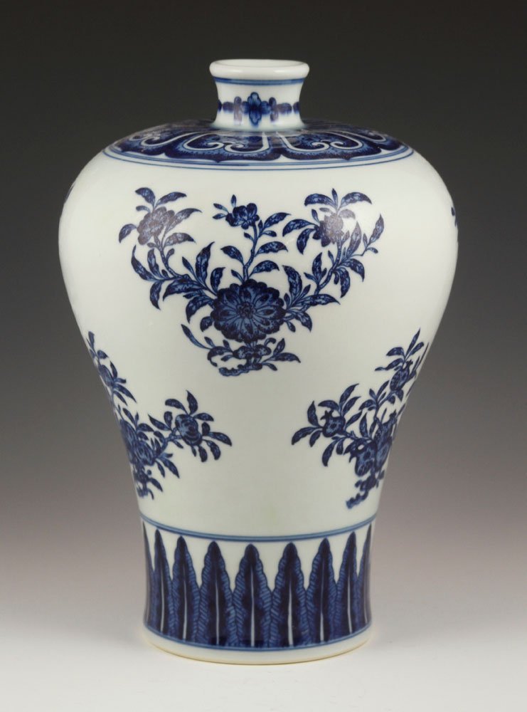 Chinese Blue and White Porcelain Mei Vase: Chinese blue and white porcelain Mei vase, 20th century, with Qing Qianlong mark on base, 12 1/2" h. Provenance: From a Massachusetts collection.