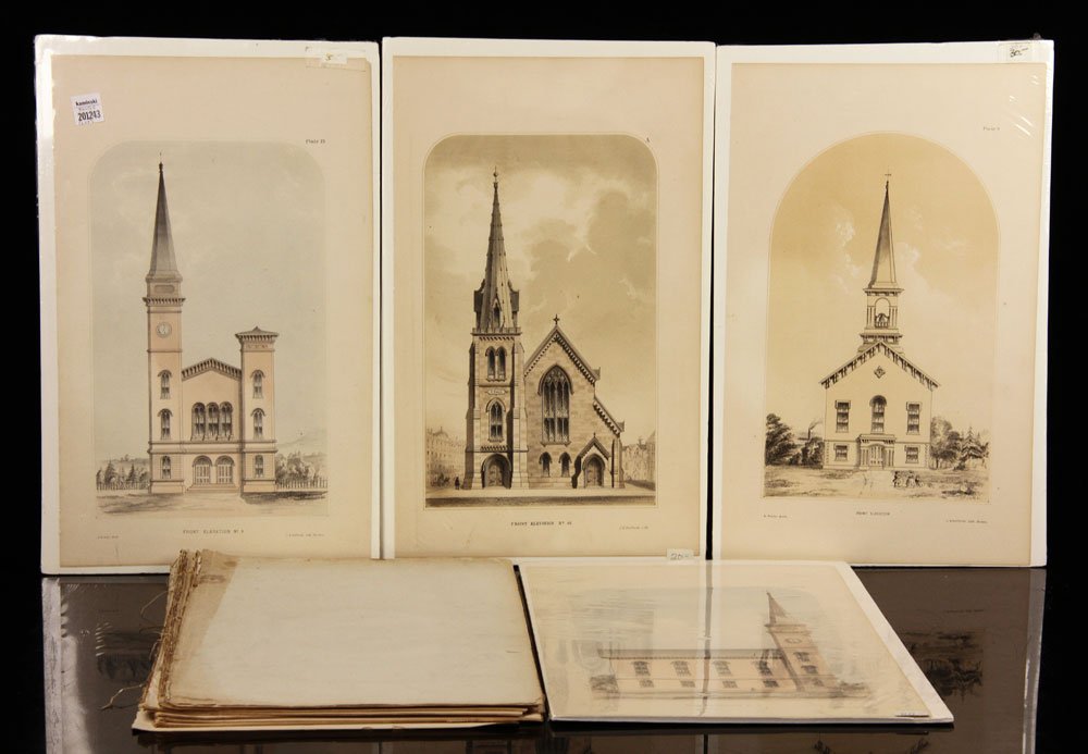 "Chapel and Church Architecture, with Designs for: "Chapel and Church Architecture, with Designs for Parsonages" by Rev. Rev. George Bowler, published 1856, with many colored lithograph by J.F. Bufford, Boston, approximately 13 1/2" h x 8" w (image), 