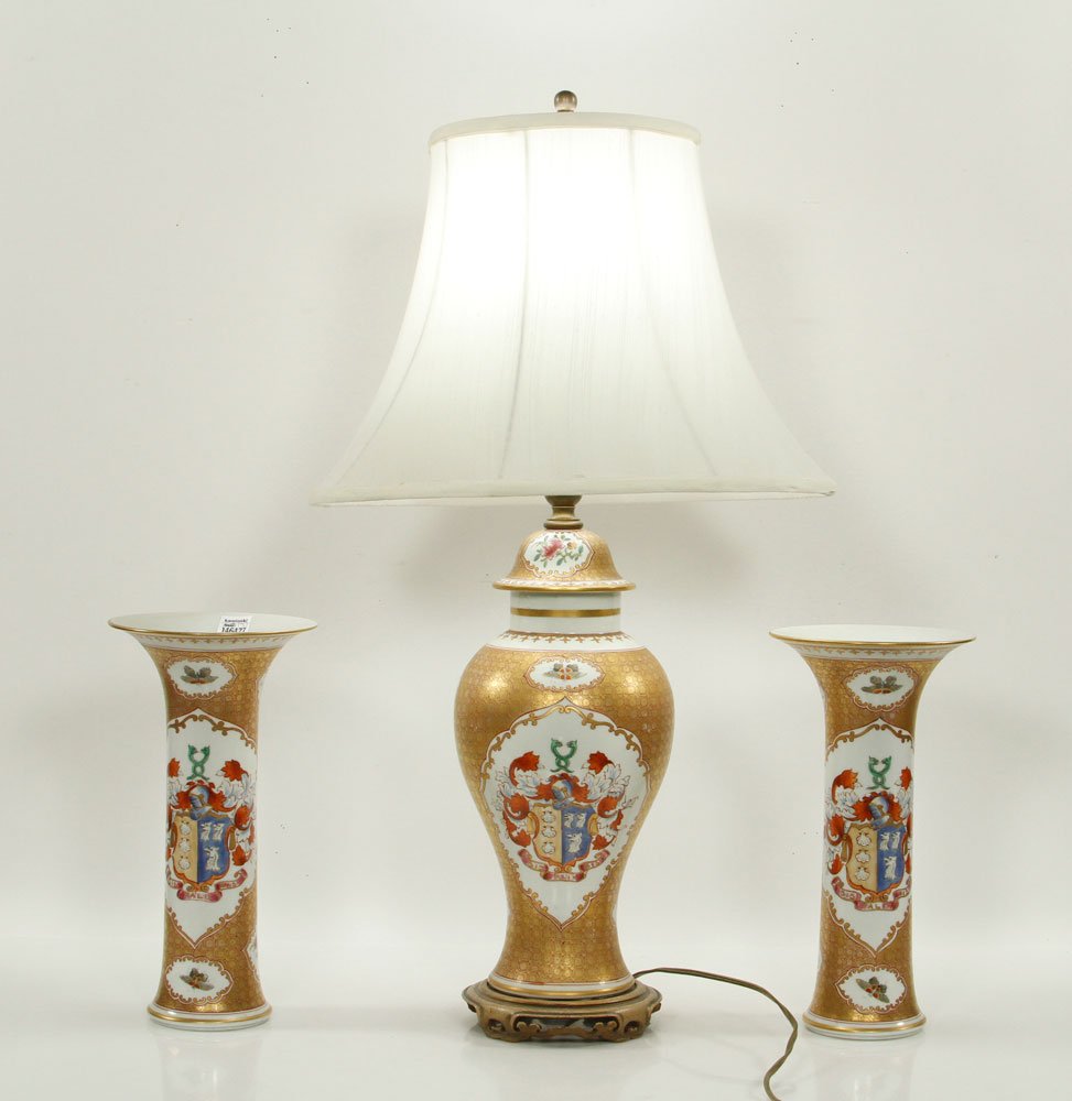 Chinese Armorial Garniture Set: Chinese armorial garniture set, porcelain, signed, to include: two vases (12 1/4" h) and converted lamp with shade (includes top finial to allow lamp to be converted back into urn as desired), 29 1/4"