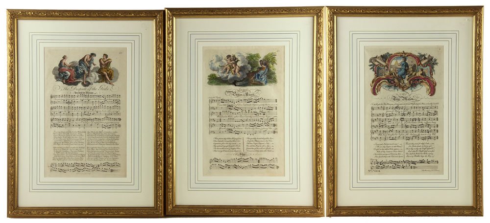 Collection of Three 18th C. Hand Colored Engravings: Collection of three 18th century hand colored engravings, from "The Musical Entertainer", London: Charles Corbett (1737-41) song sheets, decorated with vignette engravings by George Bick ham Jr. (1706