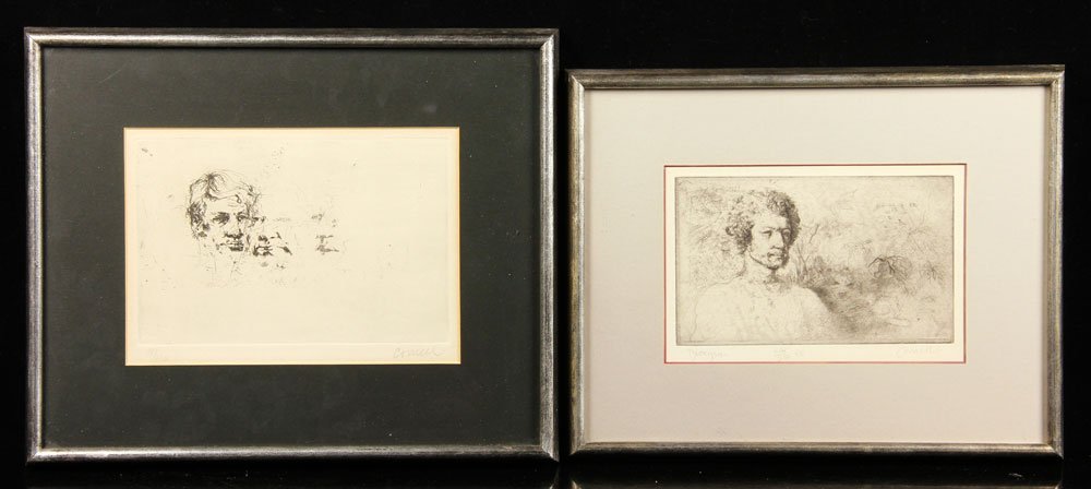 Cornell, Two Etchings: Thomas Cornell (1937-2012), two etchings, Dionysius, 144/250, signed lower right, 1968, 6" h x 8 3/4" w (view), 10" h x 14" w (frame); Three Faces, 3/120, signed lower right, 7" h x 9" w (view), 12" h