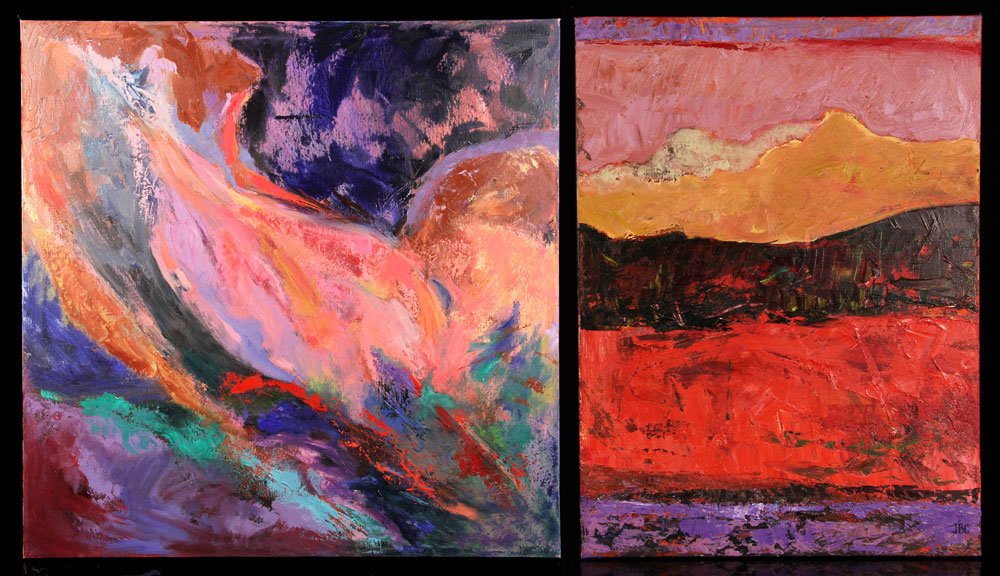 Caro, Two Paintings, Oil on Canvas: Judith Brown Caro (American, 20th century), two paintings, oil on canvas, one depicting landscape and the other depicting abstract, both initialed JBC lower right, unframed, larger 29 3/4" h x 29 3/4"