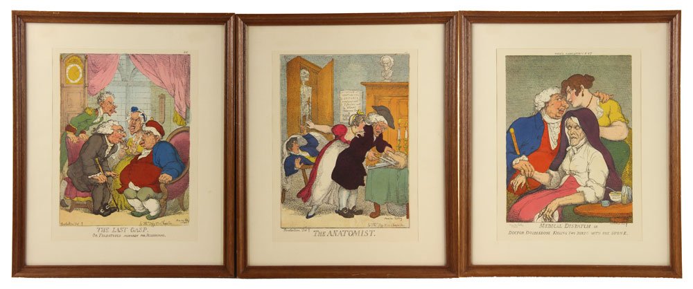 Rowlandson, Set of Three English Caricature Prints: Thomas Rowlandson, 3 medical caricatures, London, Ackermann, 1814, all 13" h x 10" w (sight), 18" h x 15" w (frame). Provenance: From a Massachusetts collection.