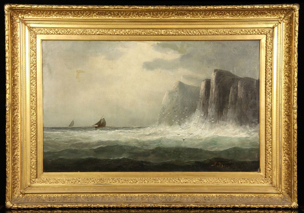 Rossi, Sail Boats off Coast, Oil: Bernardino Rossi (1803-1865), sail boats off coast, oil on canvas, signed lower left, 22" h x 36" w (view), 33" h x 47" w (frame). Provenance: From a Massachusetts estate.