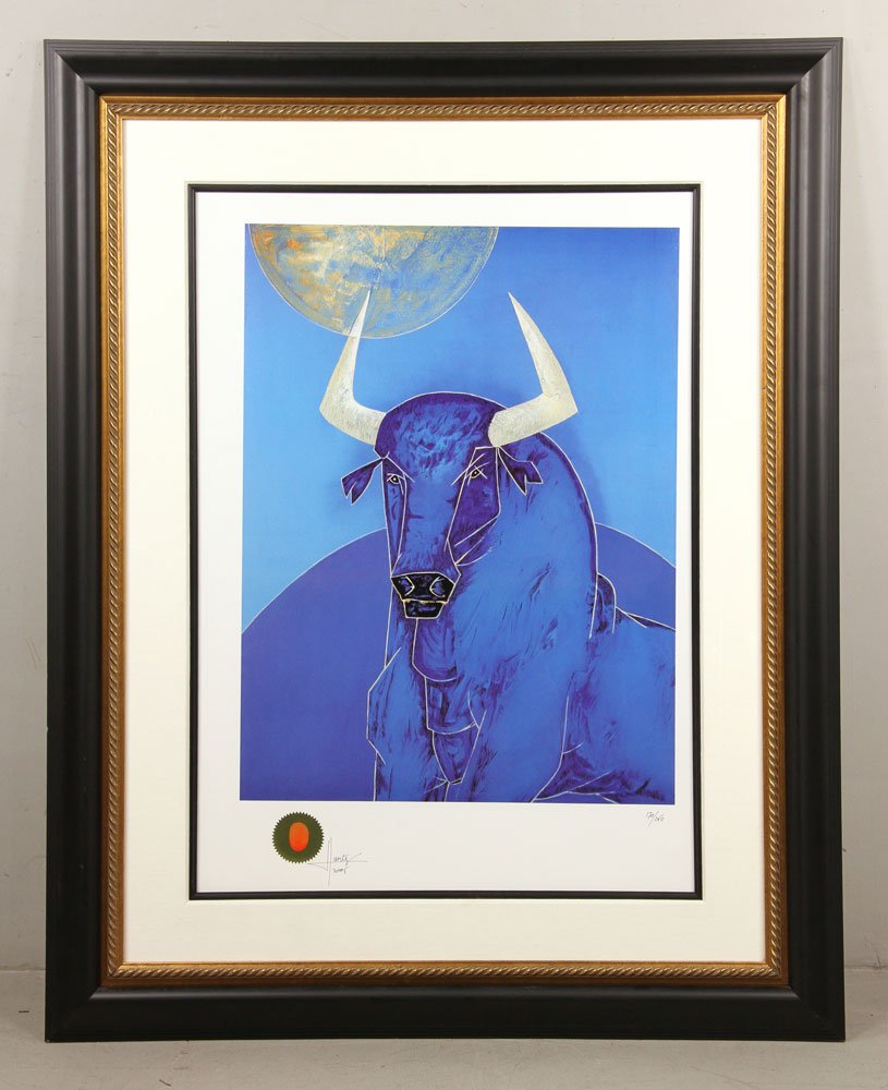 Fuertes, "El Toro Azul" (The Blue Bull), Lithograph: Jesus Fuertes (Spanish, 1938-2006), "El Toro Azul" (The Blue Bull), offset lithograph, signed and numbered 170/250, with Certificate of Authenticity, 26 3/4" h x 20" (image), 46 1/2" h x 37" (frame). 