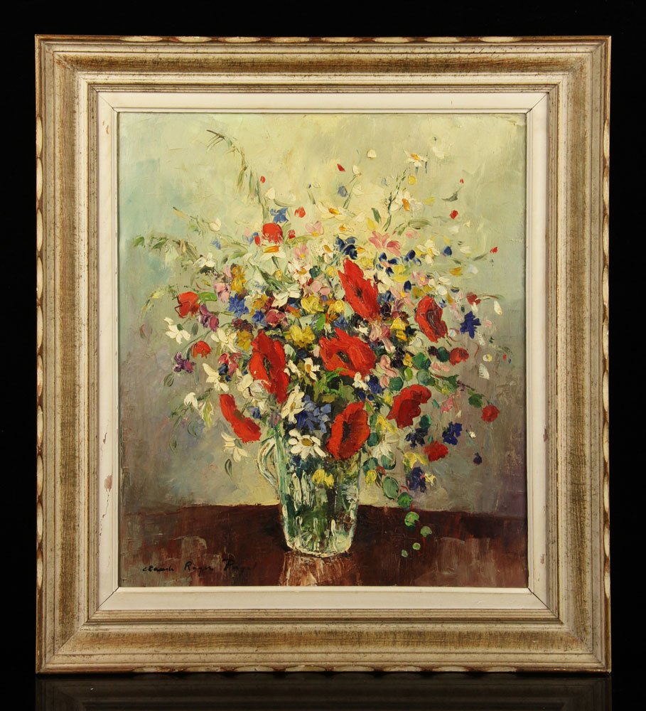 Puget, Still Life with Flowers, Oil: Claude Roger Puget (French), still life with flowers, oil on canvas, signed lower left, 21 3/4" h x 18 1/4" (view), 27 1/2" h x 24" w(frame). Provenance: From a Massachusetts estate.