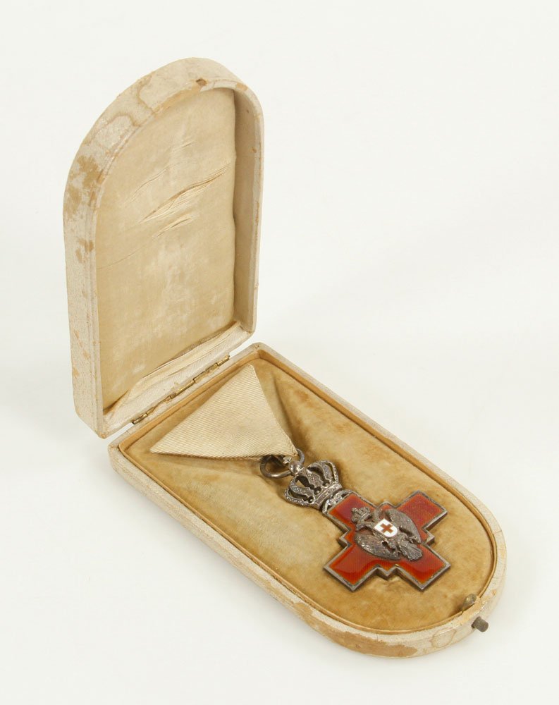 1876 Eastern European Red Cross Medal: 1876 Eastern European Red Cross medal, in original box. Provenance: From the estate of film, television and stage performer Raymond Kyle-Koscuik. Originally from New York, Kyle settled in West Hollywo