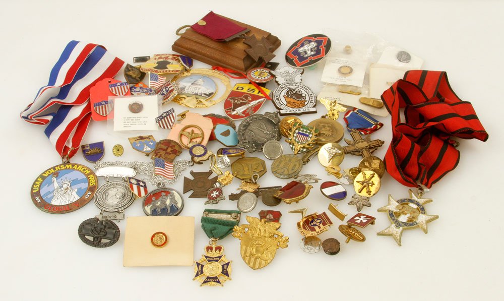 Lot of Replica Military Medals: Lot of replica military medals. Provenance: From the estate of film, television and stage performer Raymond Kyle-Koscuik. Originally from New York, Kyle settled in West Hollywood, California during th