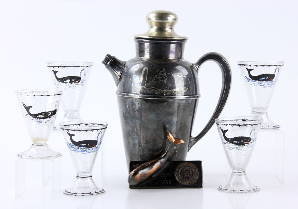 Collection of Whaling Related Items: Collection of whaling related items, to include: 5 Pairpoint "Tavern Glass" juice glasses, a Pairpoint silver plate cocktail shaker and a paper weight dated 1955. Provenance: From a Massachusetts coll