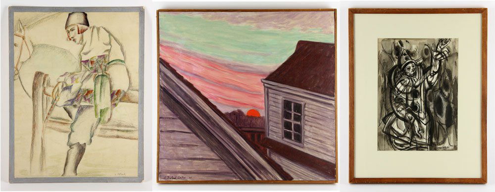 Grouping of Three Artworks: Grouping of three artworks, Leonard Pytlak, 1910-1998 "Horsewoman", 13 1/4" h x 10" w (image), unframed; Tom O'Hara, The Clown, original pen and ink, 1952, Gloucester, MA artist, 10 3/4" h x 7 33/4" w