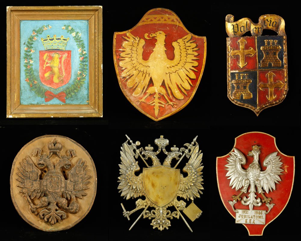 6 Coats of Arms: Lot of six coats of arms, various countries, to include five plaques and one framed oil on board painting inscribed "Smaland," largest 21" h x 15" w. Provenance: From the estate of film, television an
