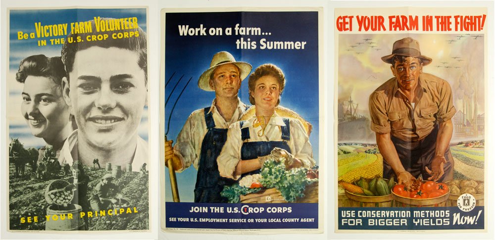 Three American WWII Posters: Lot of three WWII posters, to include: Douglas, "Work on a farm…this summer," 1943, 58 x 41 cm, tear at center of lower edge; "Be a victory farm volunteer…", US Department of Agriculture, 1943, 57