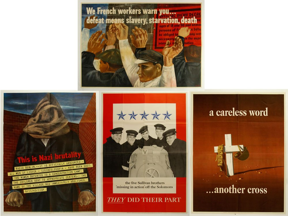 Four American WWII Posters: Lot of four WWII posters, to include: Ben Shan, "This is Nazi brutality," 1942, 97 x 72 cm; Ben Shahn, "We French workers warn you...", 1942, 73 x 102 cm, tear to lower and right edges; "They did thei