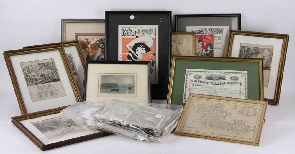 Lot of 11 Miscellaneous Framed Prints: Lot of 11 miscellaneous framed prints, to include: 2 printing corporate ads, larger 10 1/8" h x 7" w (sight); "In Days To Come" 6 3/4" h x 5 1/2" w (sight); 4 engravings in Latin 7" h x 5 3/4" w (sigh