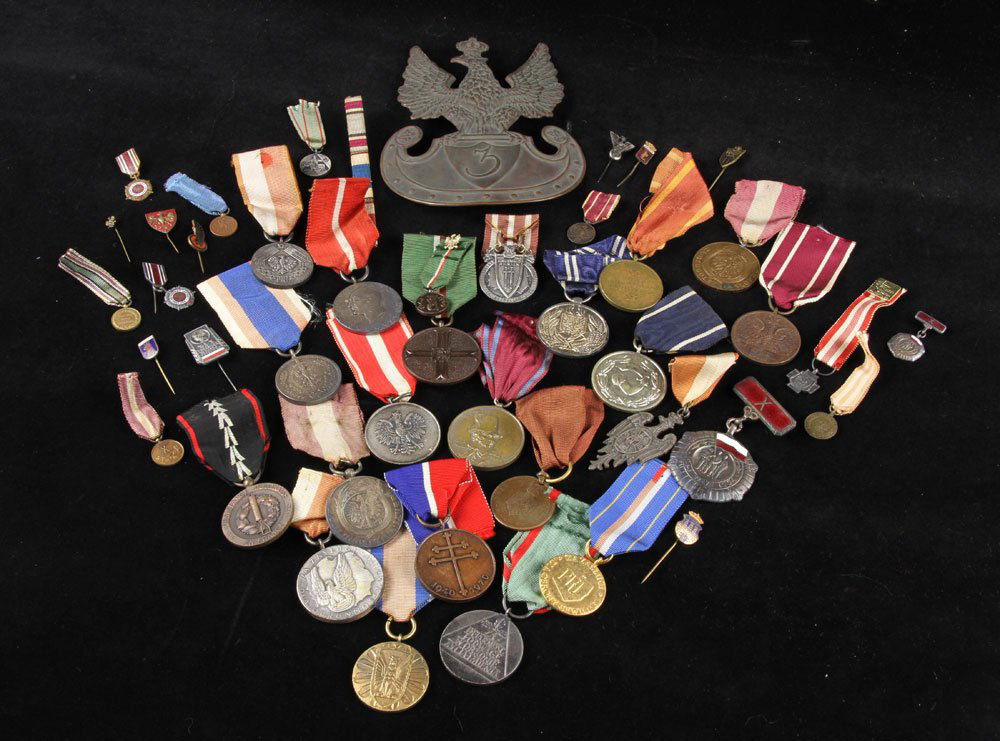 Lot of Military Medals with Helmet Plate: Lot of military medals, various countries, with helmet plate. Provenance: From the estate of film, television and stage performer Raymond Kyle-Koscuik. Originally from New York, Kyle settled in West H
