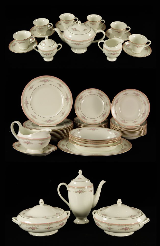 Wedgwood "Rosalie" China Service: Wedgwood china service for thirteen, "Rosalie" pattern, to include: dinner plates, salad plates, bread and butter plates, soup bowls, cups and saucers, dessert plates; with some extras including two p