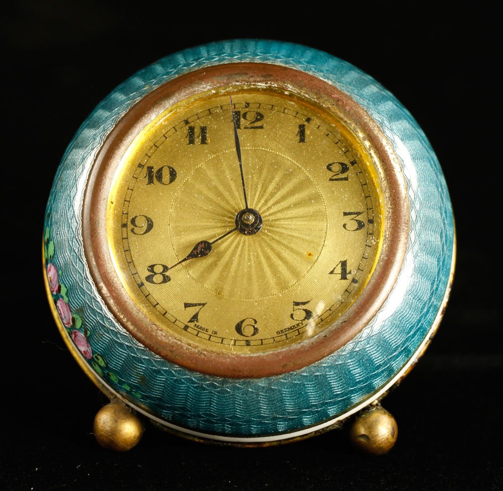 German Guilloche Enamel Clock: Guilloche enamel clock, German, 2 1/2" dia. Provenance: From a California estate.