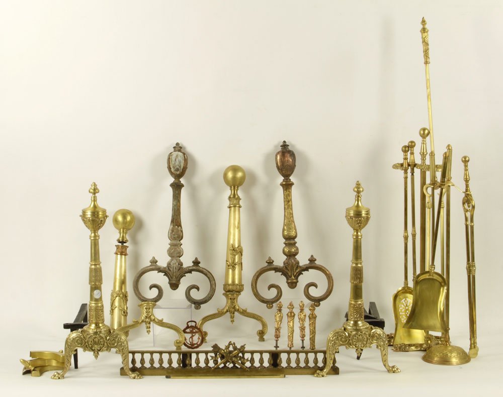 Assorted 20th C. Fireplace Accessories: Assorted fireplace accessories, early 20th century, brass and iron, to include: two fenders, Y-stands with tools and two sets of andirons, 12" h x 47" l (larger fender). Provenance: From a Massachuset