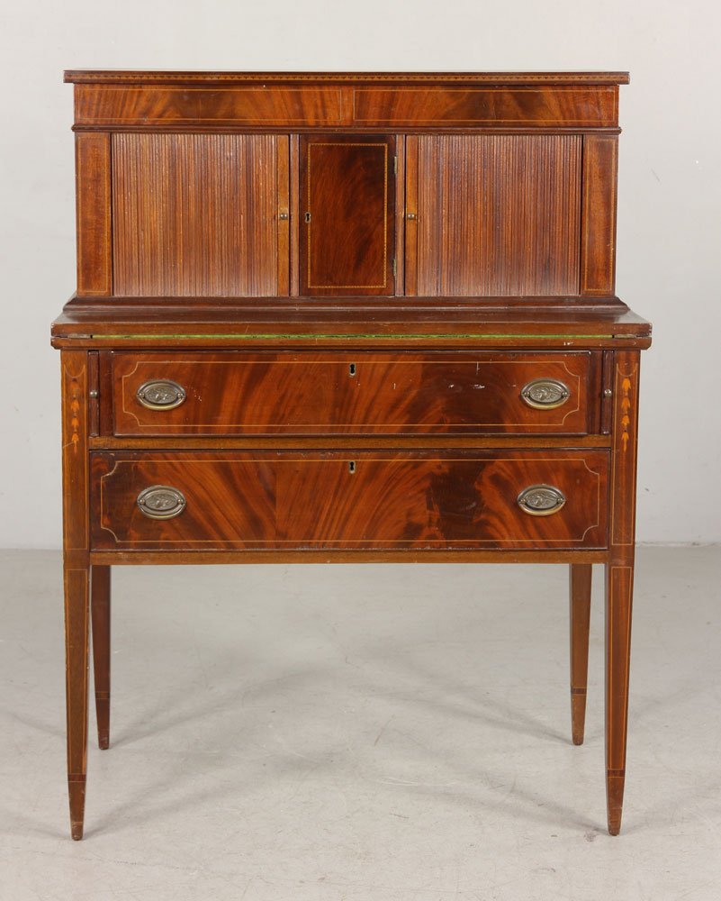 Boston Hepplewhite-Style Tambour Desk: Boston Hepplewhite-style tambour desk, mahogany embellished with inlay, in two parts. Provenance: From the estate of Sherburne Campbell, M.D., of Wallingford, Connecticut.