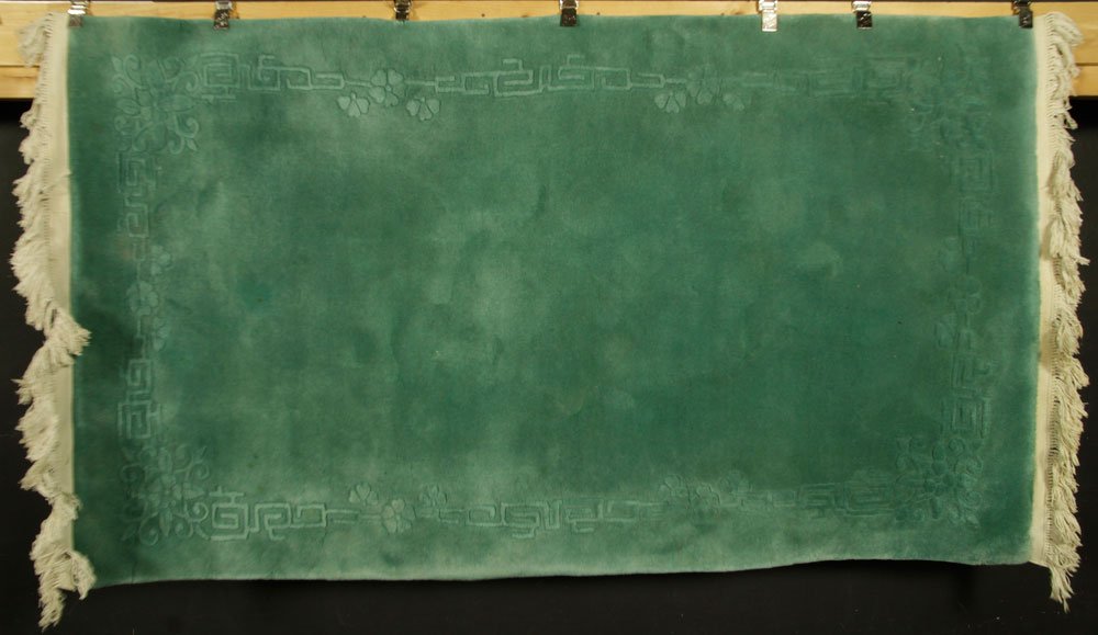 Chinese Nichols Sculptured Carpet: Nichols green sculptured carpet, Chinese, 4'0" x 6'11". Provenance: From the collection of William Kester of Los Angeles and Palos Verdes, California.