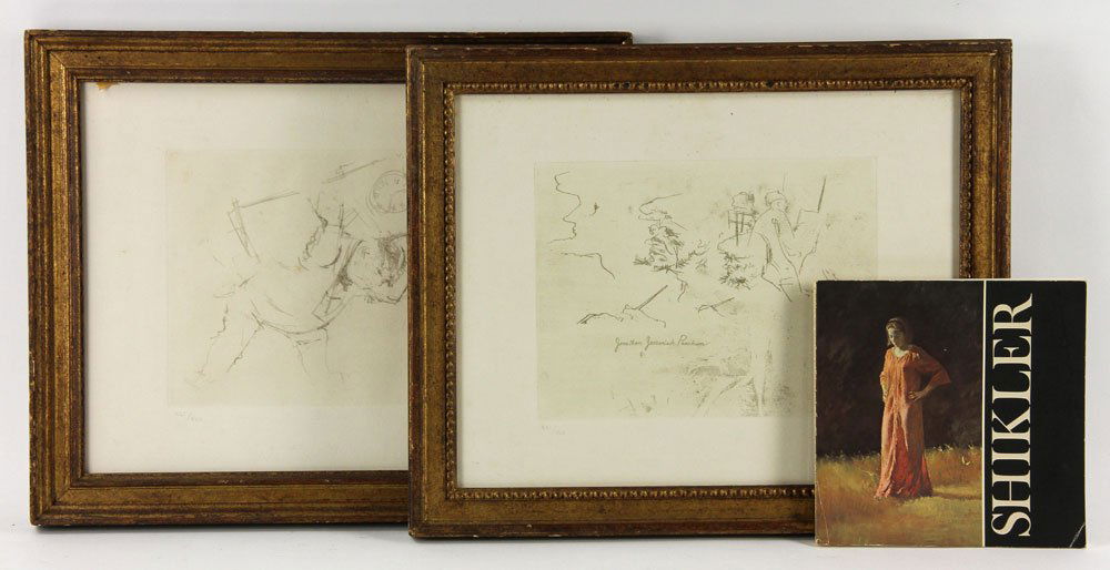 Levine, "Jonathan Jeremiah Peachum," 2 Etchings: Jack Levine (American, 1915-2010), "Jonathan Jeremiah Peachum," two etchings, plate eleven, pencil signed lower right, along with Brooklyn Museum catalog ; 13 1/2" h x 17" w (view), 17" h x 20" w (fra