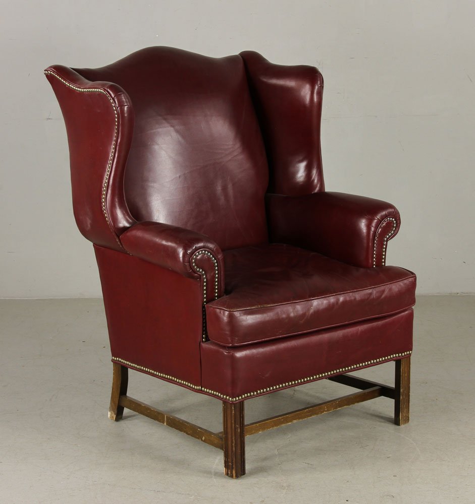 Chippendale Style Wing Chair: Chippendale-style wing chair, red leather. Provenance: from the collection of William Kester of Los Angeles and Palos Verdes, California.