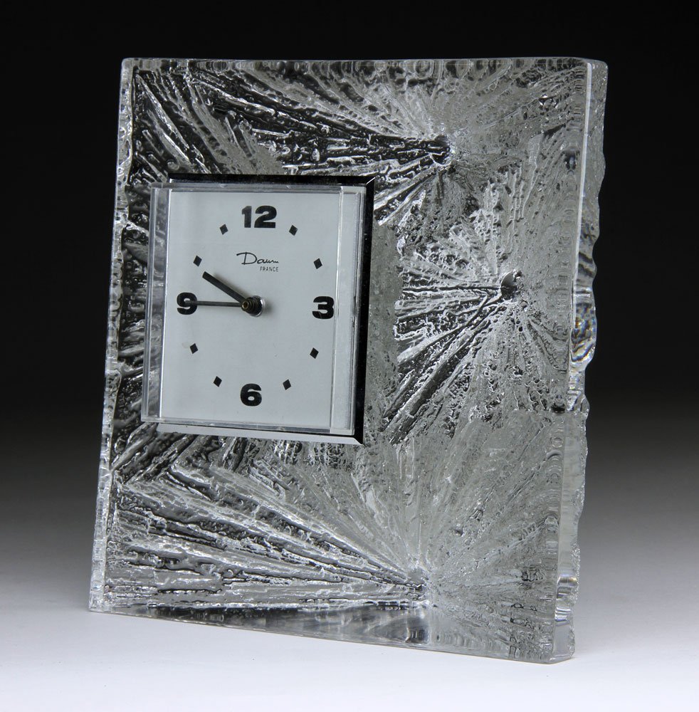 Daum French Crystal Clock: Modern Daum crystal clock, French, 8 1/4" h x 8 1/4" w x 3 1/2" d.