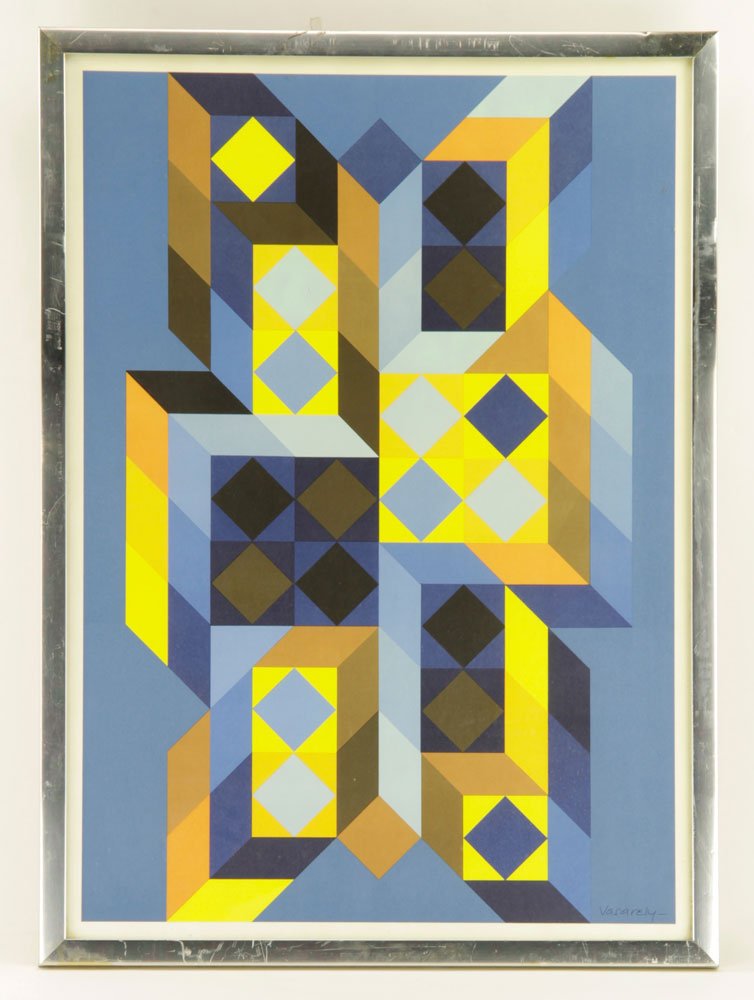 Vasarely, Geometric Print: Victor Vasarely (Hungarian-French, 1906-1997), geometric print, with Rudolf Lesch fine art gallery tag verso; 27 1/2" h x 19" w (view), 30 1/2" h x 22" w (frame). Provenance: From a Palm Beach collect