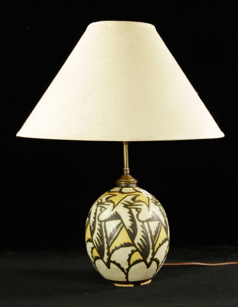 Boch Freres Keramis Lamp: Boch Freres Keramis lamp, decorated with incised pelicans, signed "Charles Catteau," incised "9966," with shade, 10 1/2" (ceramic only). Provenance: From a Virginia estate.